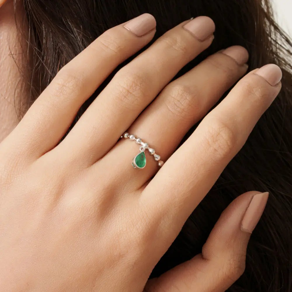 Pear Shape Emerald 14K Real White Gold Beaded Band Charm Ring Stackable Jewelry