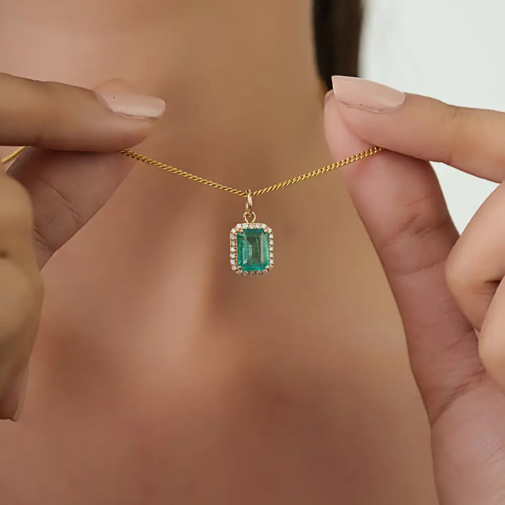 Trending Design 14K Yellow Gold Emerald & Diamond Halo Pendant May Birthstone Jewelry