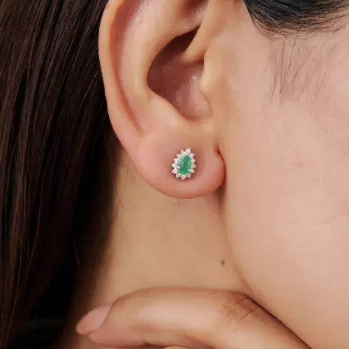 Precious Emerald Gemstone & Diamond Cluster Pear Shape S925 Stud Earrings For Women's