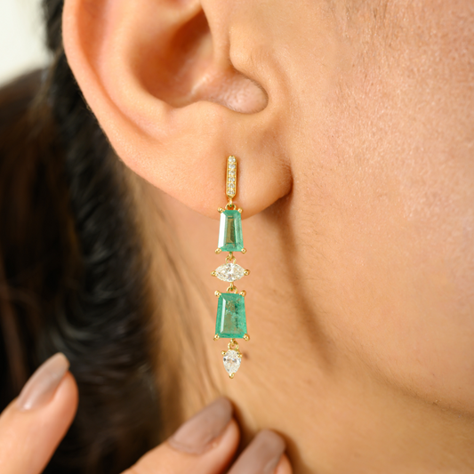 Wholesale Natural Emerald & Diamond 18K Yellow Gold Dangle Earrings High Grade Jewelry