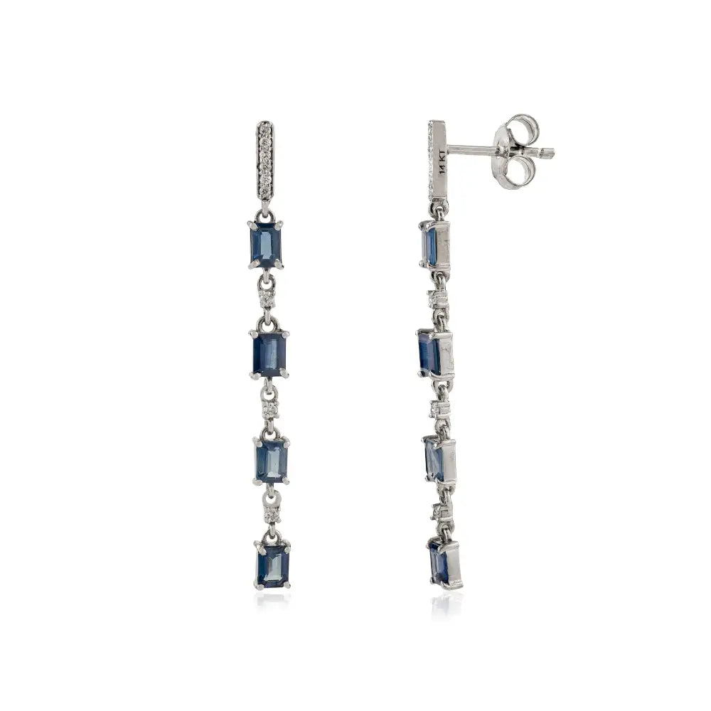 K14 White Gold Blue Sapphire & Diamond Women Dangle Earrings Wedding Engagement Jewelry