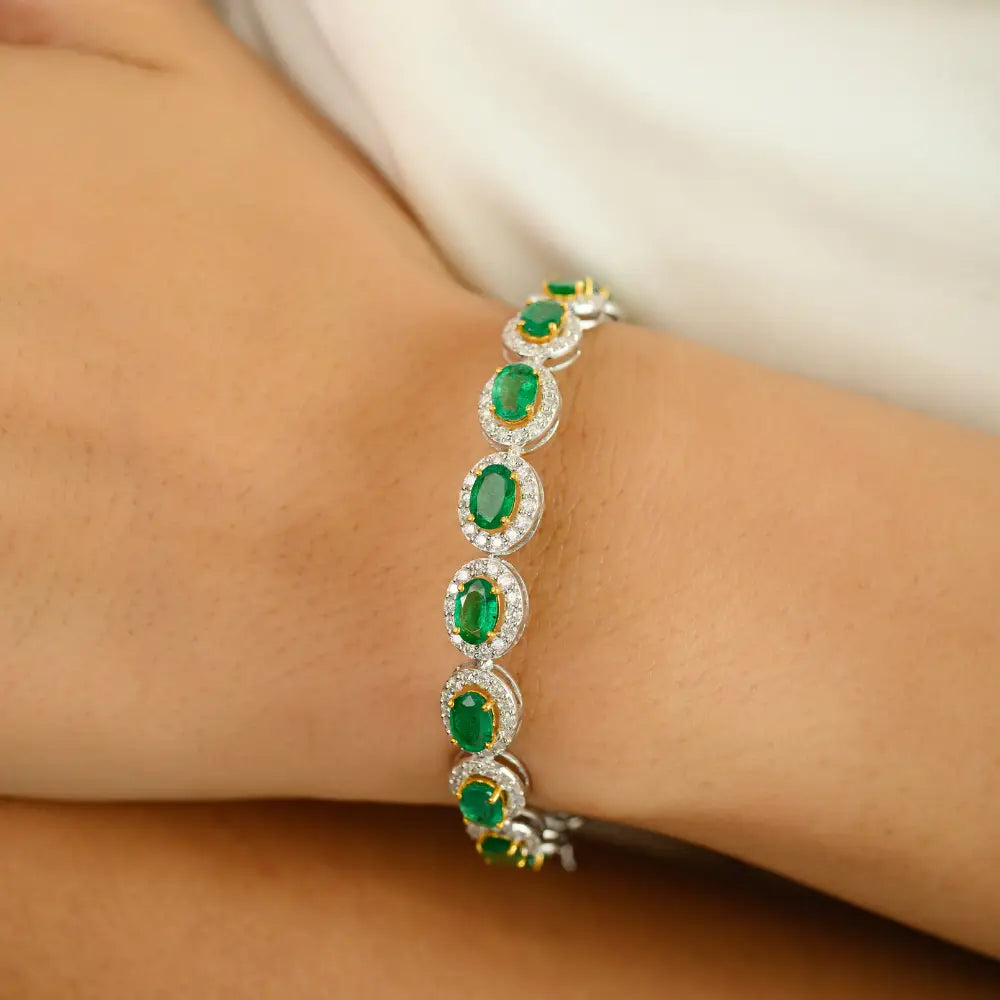 Luxurious High Quality Emerald & Diamond 18K Solid Two Tone Gold Halo Tennis Bracelet