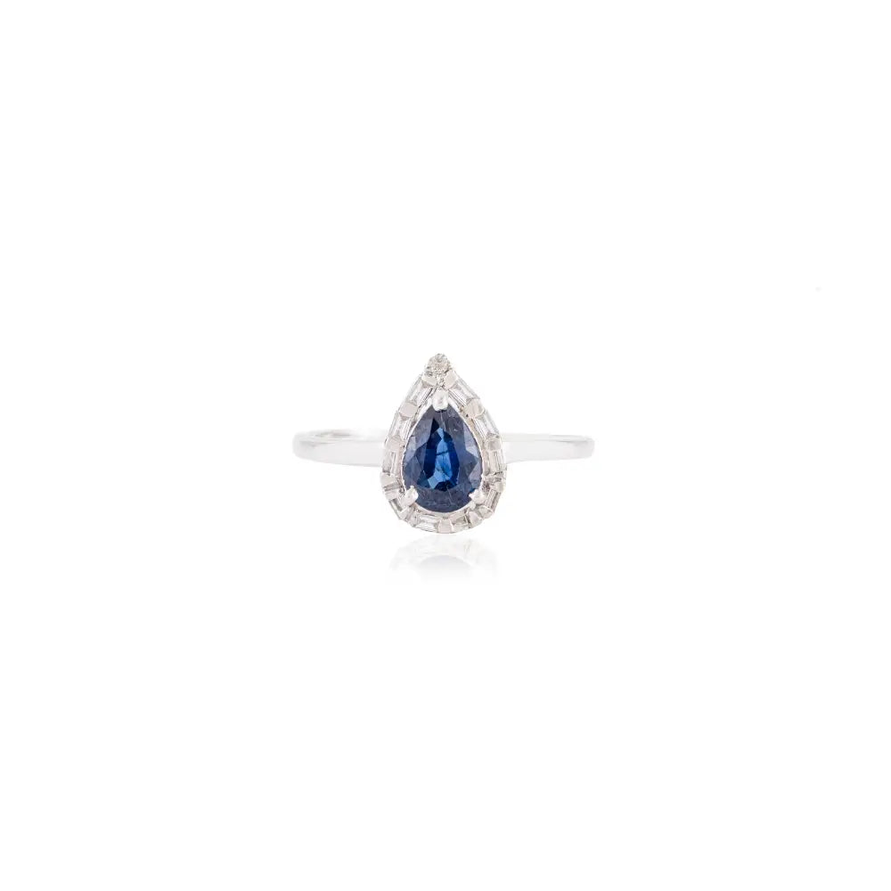 Handmade Blue Sapphire & Diamond Pear Shape Halo Stackable Ring 14K White Gold Fine Jewelry