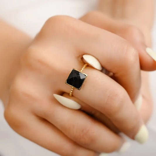 Handmade Jewelry Natural Black Onyx 14K Solid Yellow Gold Single Stone Ring