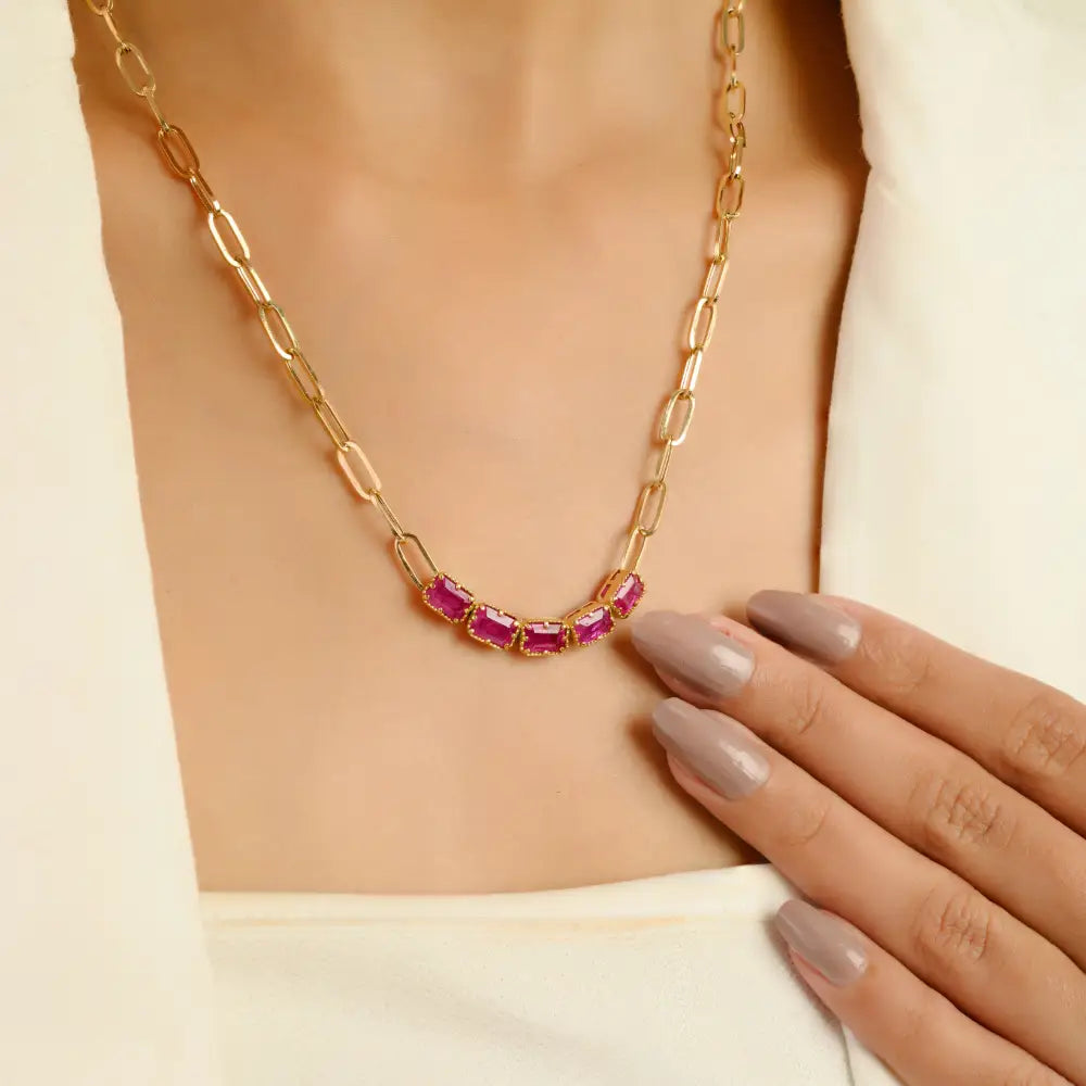 Hot Sale Pinion Bezel Set Ruby Paperclip Chain Five Stone Necklace Women Solid 18K Yellow Gold