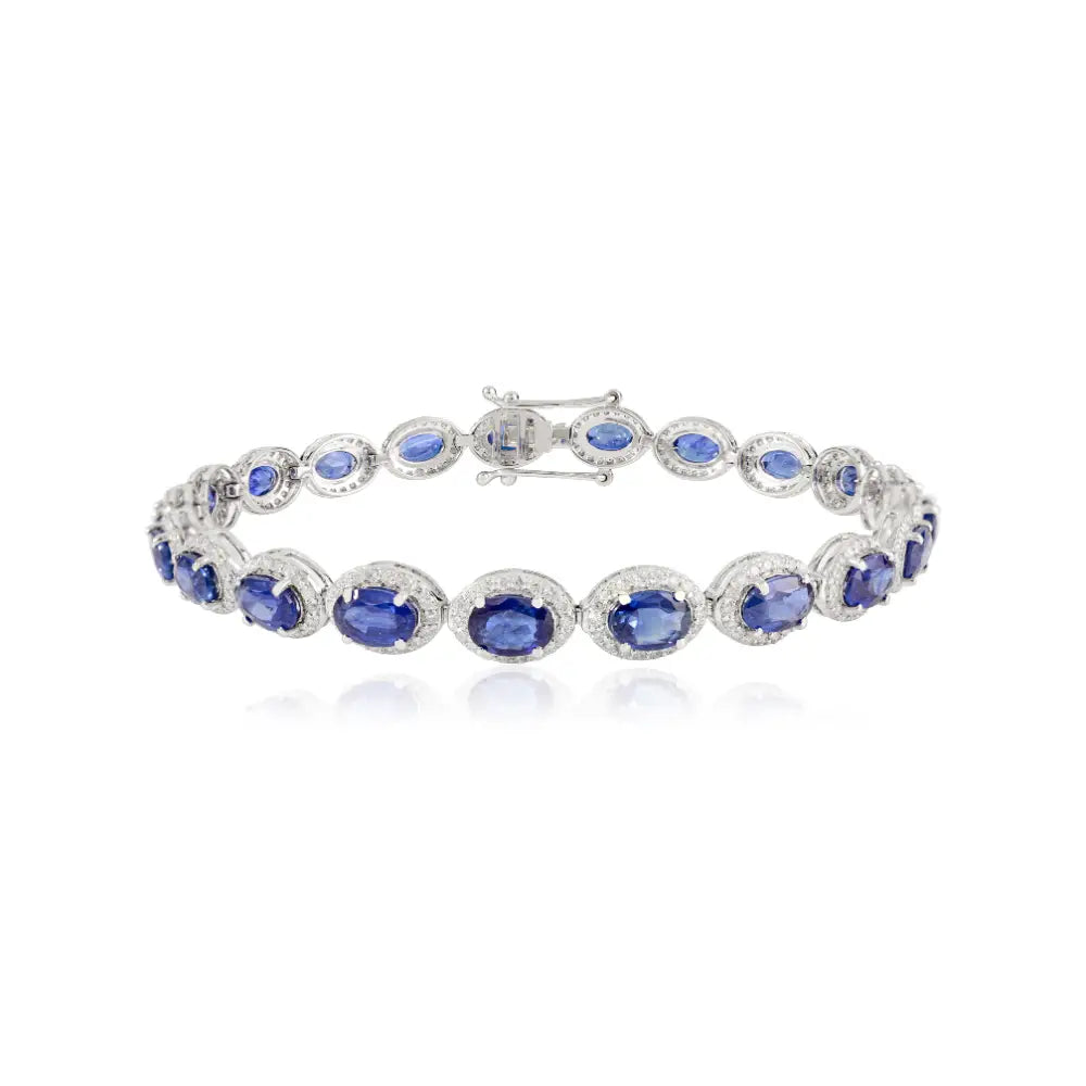 Prong Set Blue Sapphire & Diamond 18K Solid White Gold Halo Tennis Bracelet Statement Jewelry