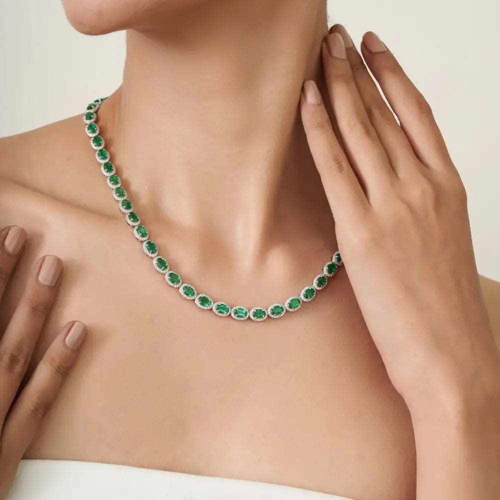 22.11 Ct. Emerald & Diamond K14 Real White Gold Fine Halo Tennis Necklace Wedding Jewelry