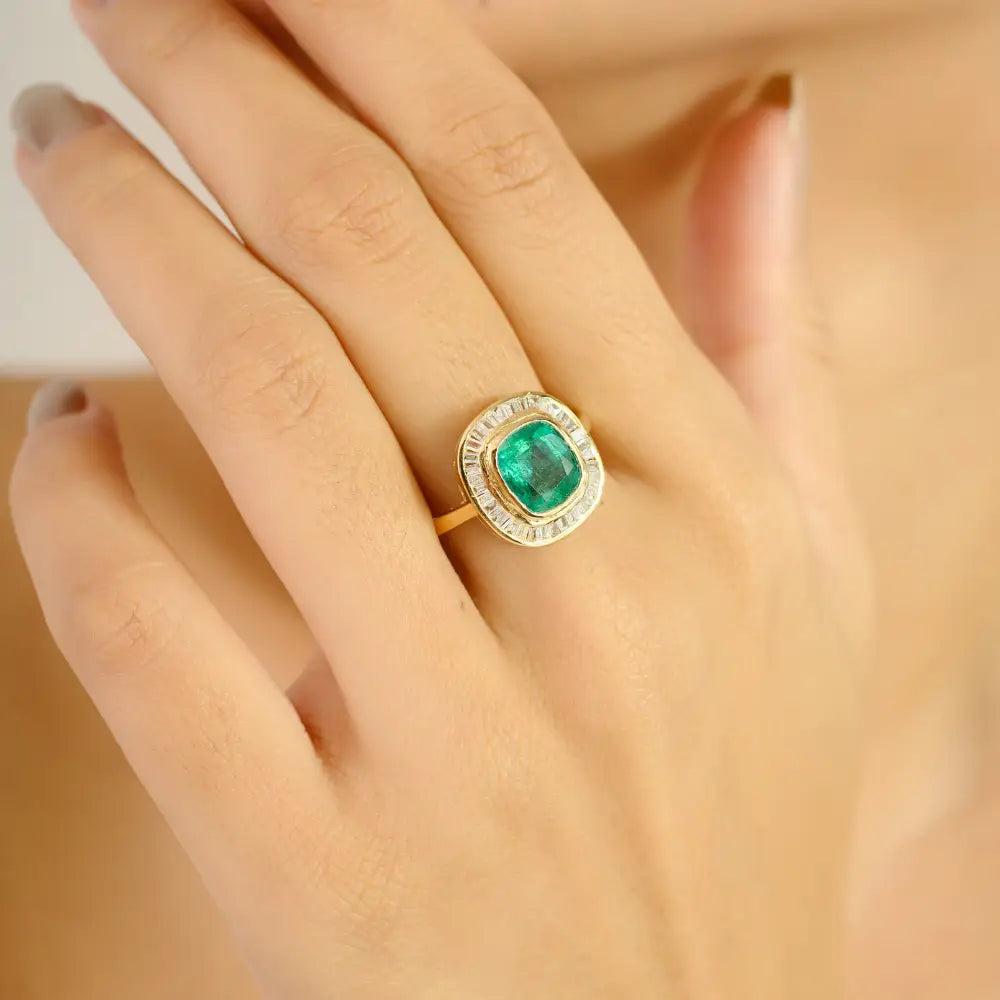 May Birthstone Emerald & Diamond 18K Pure Yellow Gold Halo Engagement Ring Trendy Jewelry