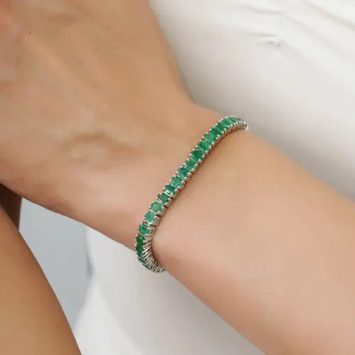 Premium Quality Natural Oval Cut Emerald Gemstone Fine Silver Tennis Bracelet For Women