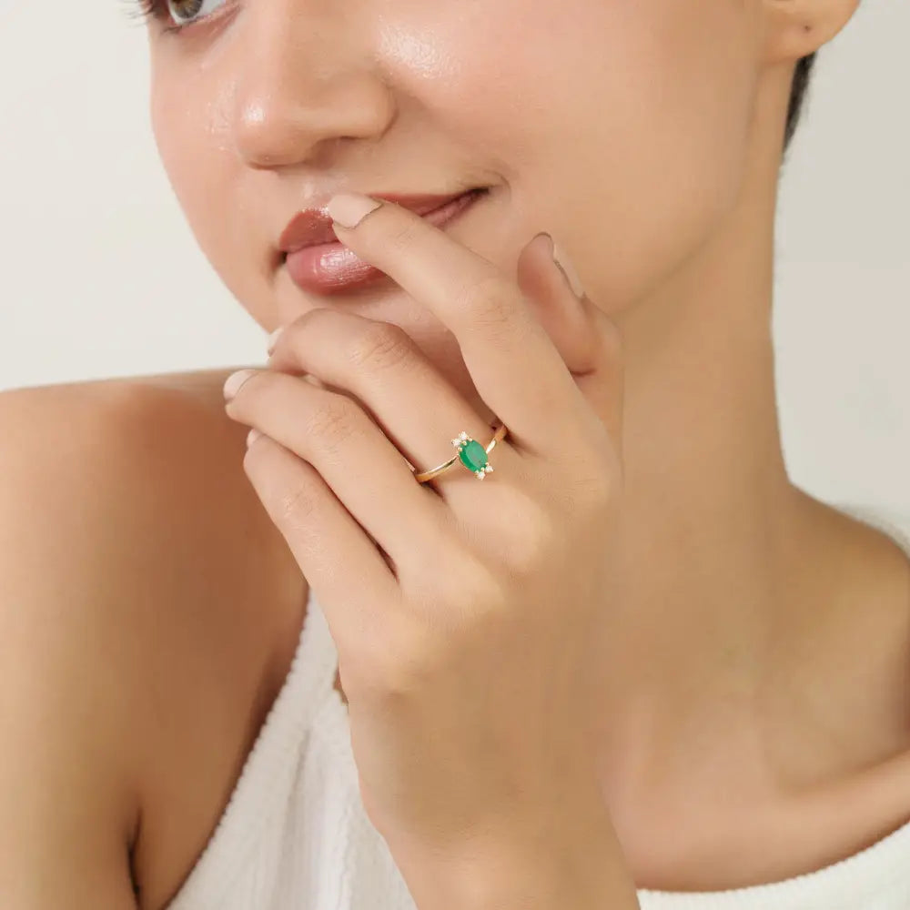 7x5 mm Emerald & Diamond K14 Real Yellow Gold Minimal Gemstone Ring May Birthstone