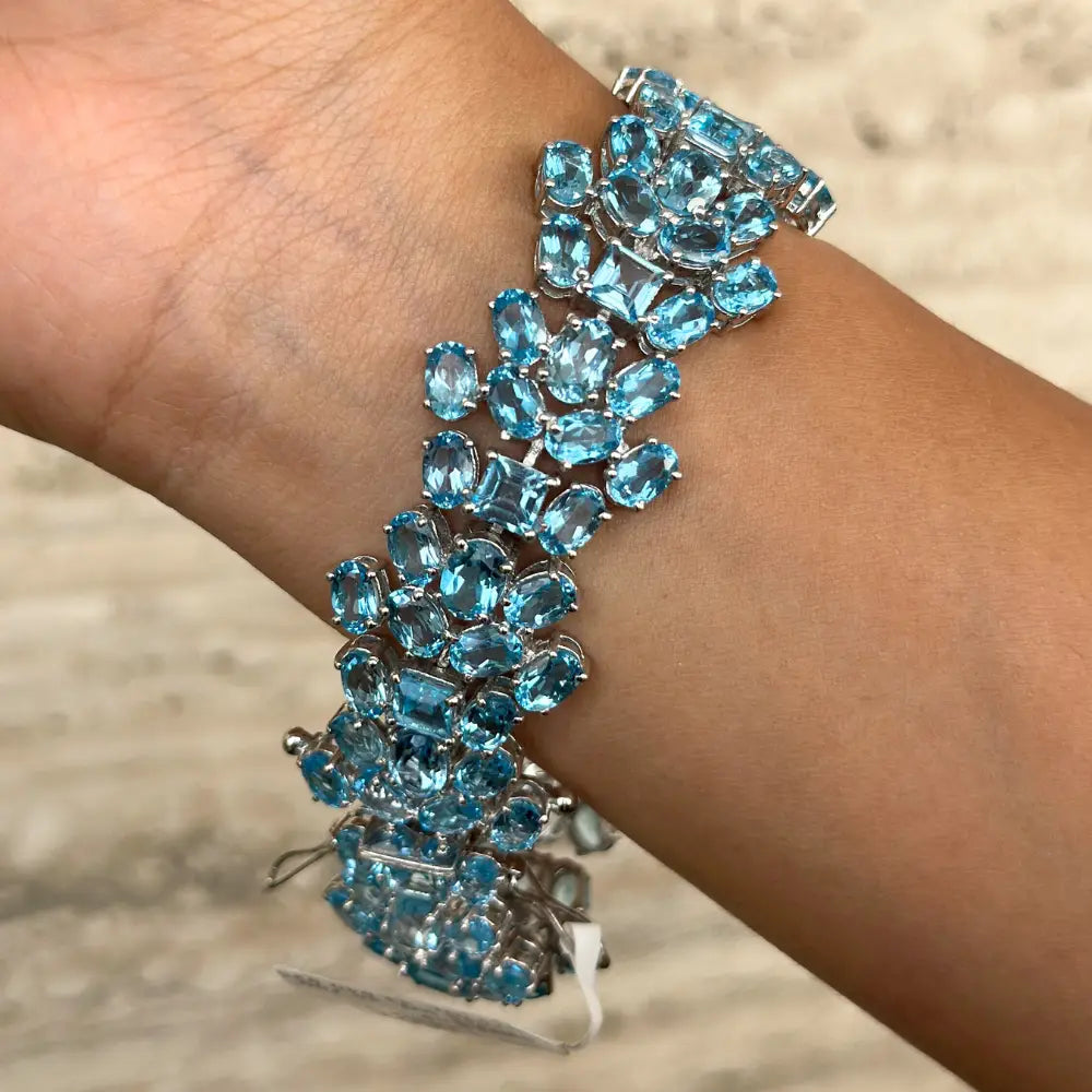 Party Wear Jewelry 925 Sterling Silver Blue Topaz Statement Wedding Bracelet Set In Prong Setting