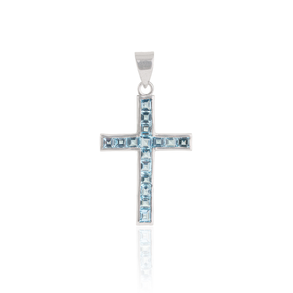 Princess Cut Natural Blue Topaz Gemstone 925 Sterling Silver Unisex Cross Pendant Fine Jewelry