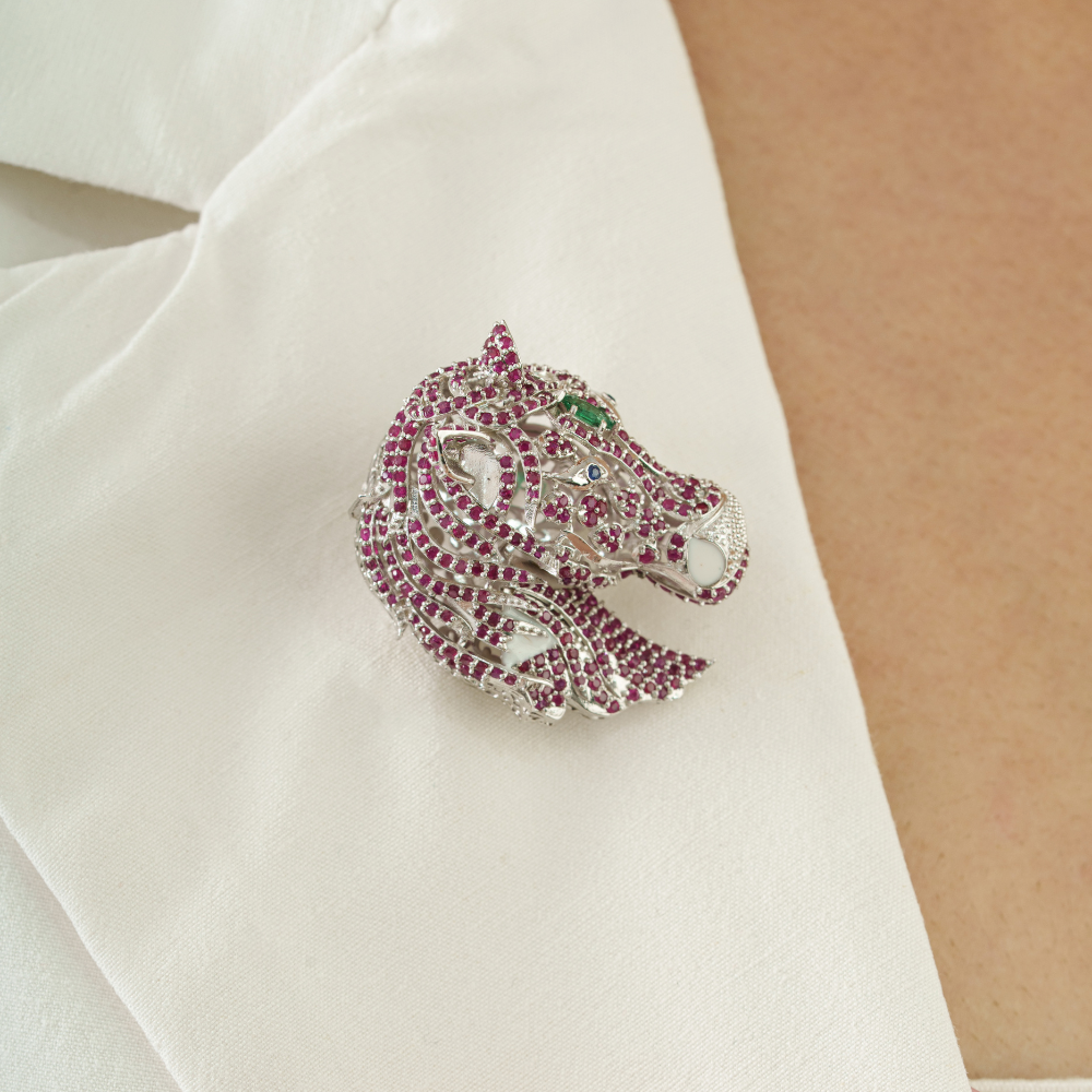 Unique Creative Design 925 Sterling Silver Natural Ruby Gemstone Horse Brooch Fine Jewelry