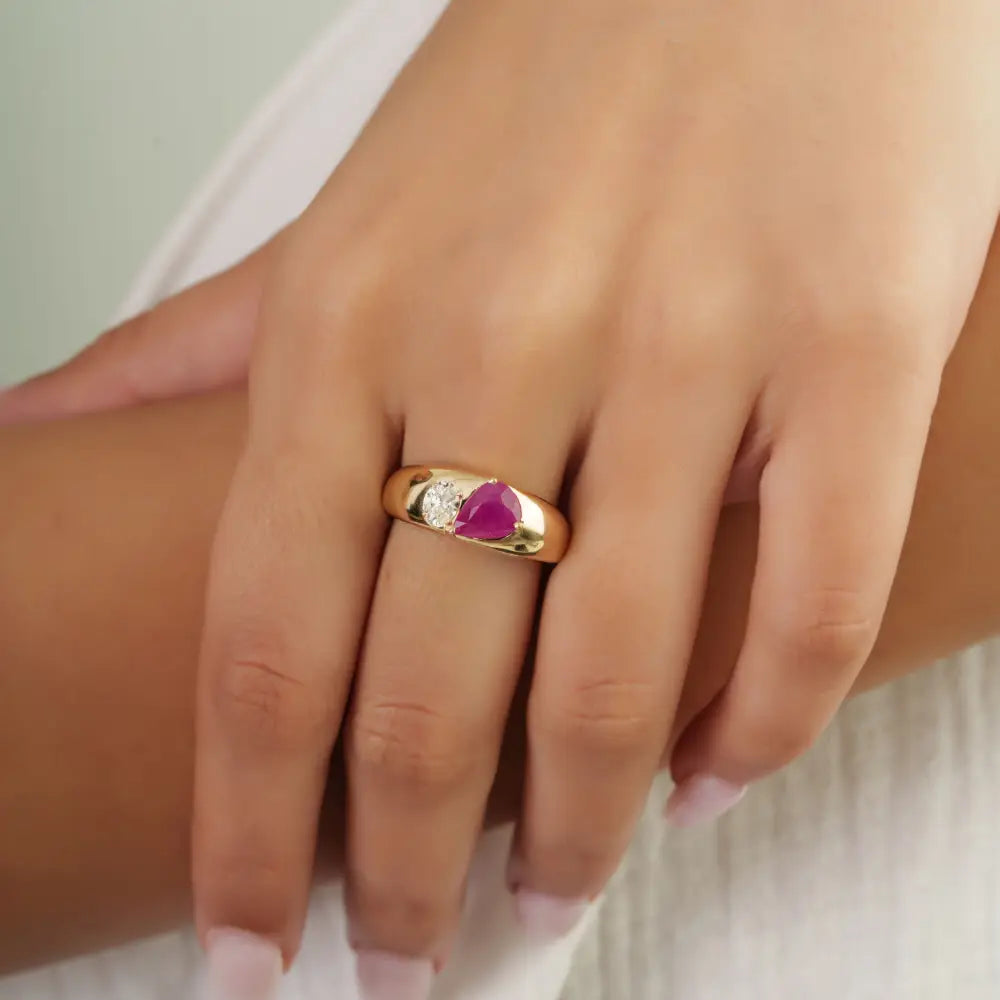 Real K14 Yellow Gold Genuine Ruby & Diamond Toi et Moi Chunky Dome Ring For Wedding