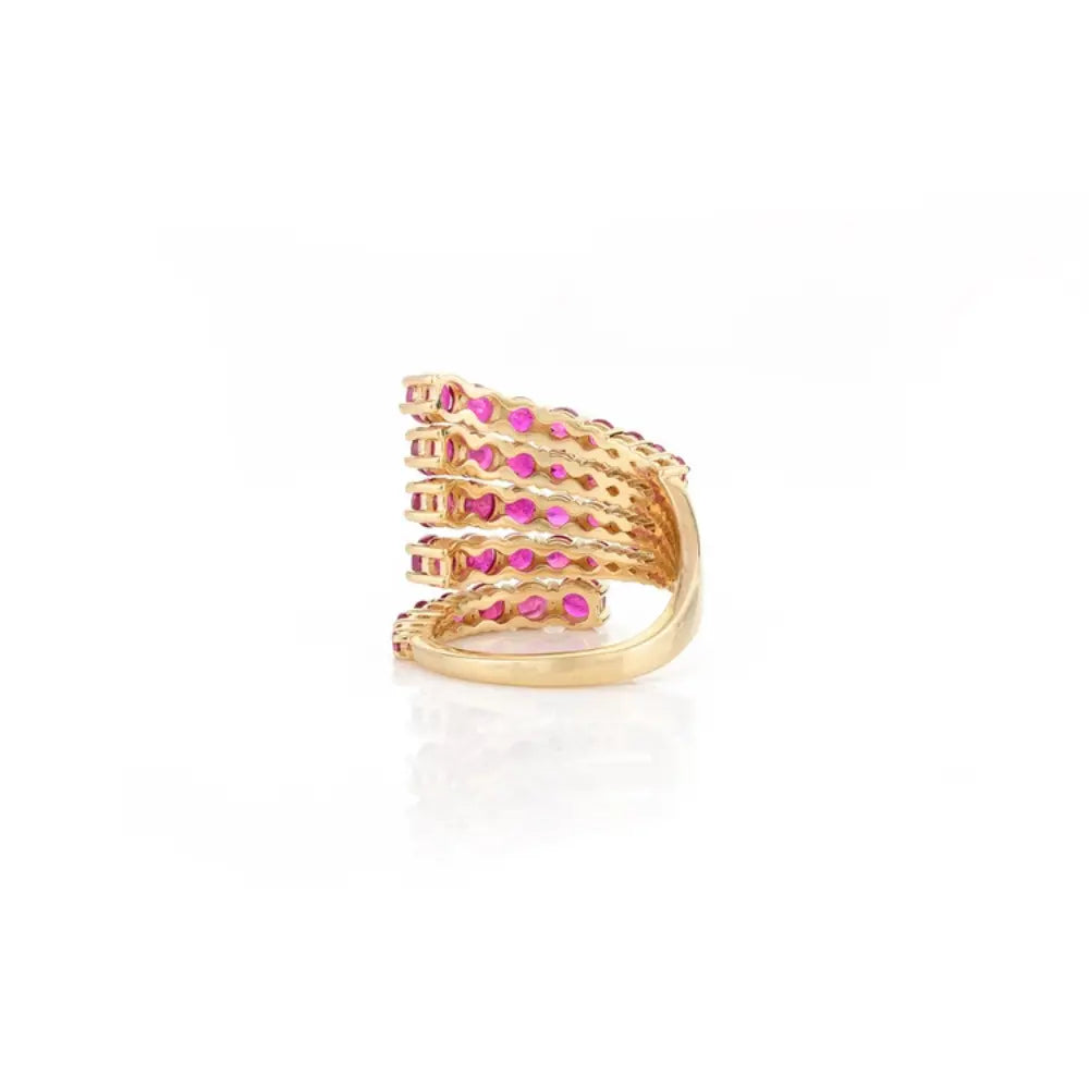 Real Gemstone 18K Solid Yellow Gold Designer Multi Wrap Ruby Cocktail Ring