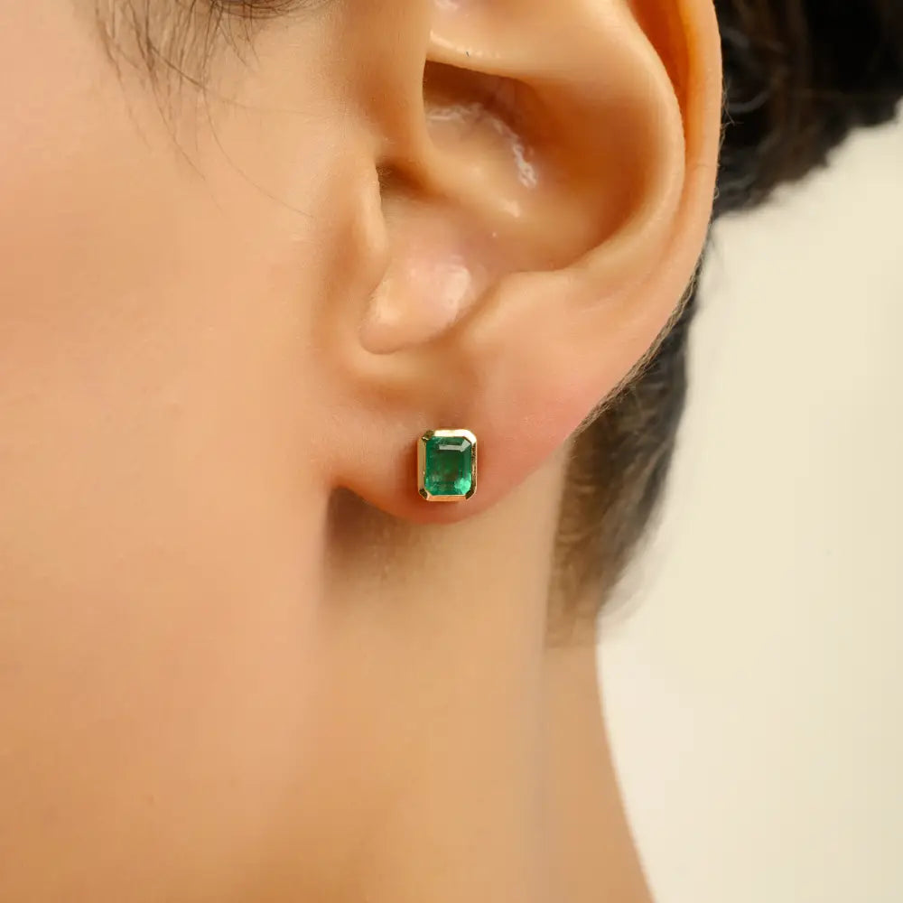 Bezel Set Zambian Emerald Single Stone Stud Earrings Handmade 14K Yellow Gold Jewelry