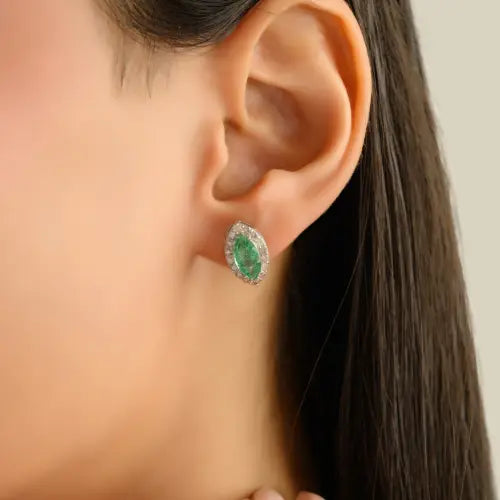 Trending Marquise Cut Emerald & Round Diamond Halo 925 Silver Stud Earrings For Women Party Wear Jewelry