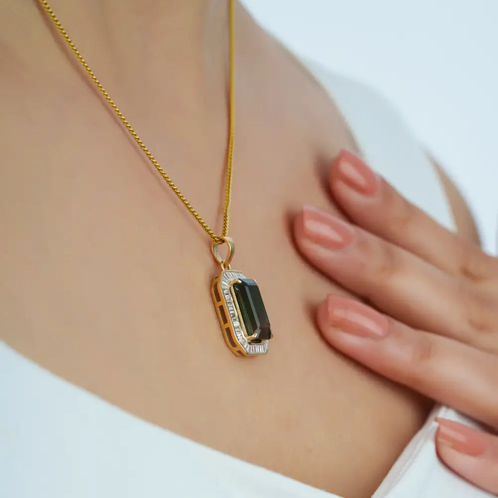 13x7mm Baguette Cut Green Tourmaline & Diamond 14K Yellow Gold Halo Pendant Fine Jewelry
