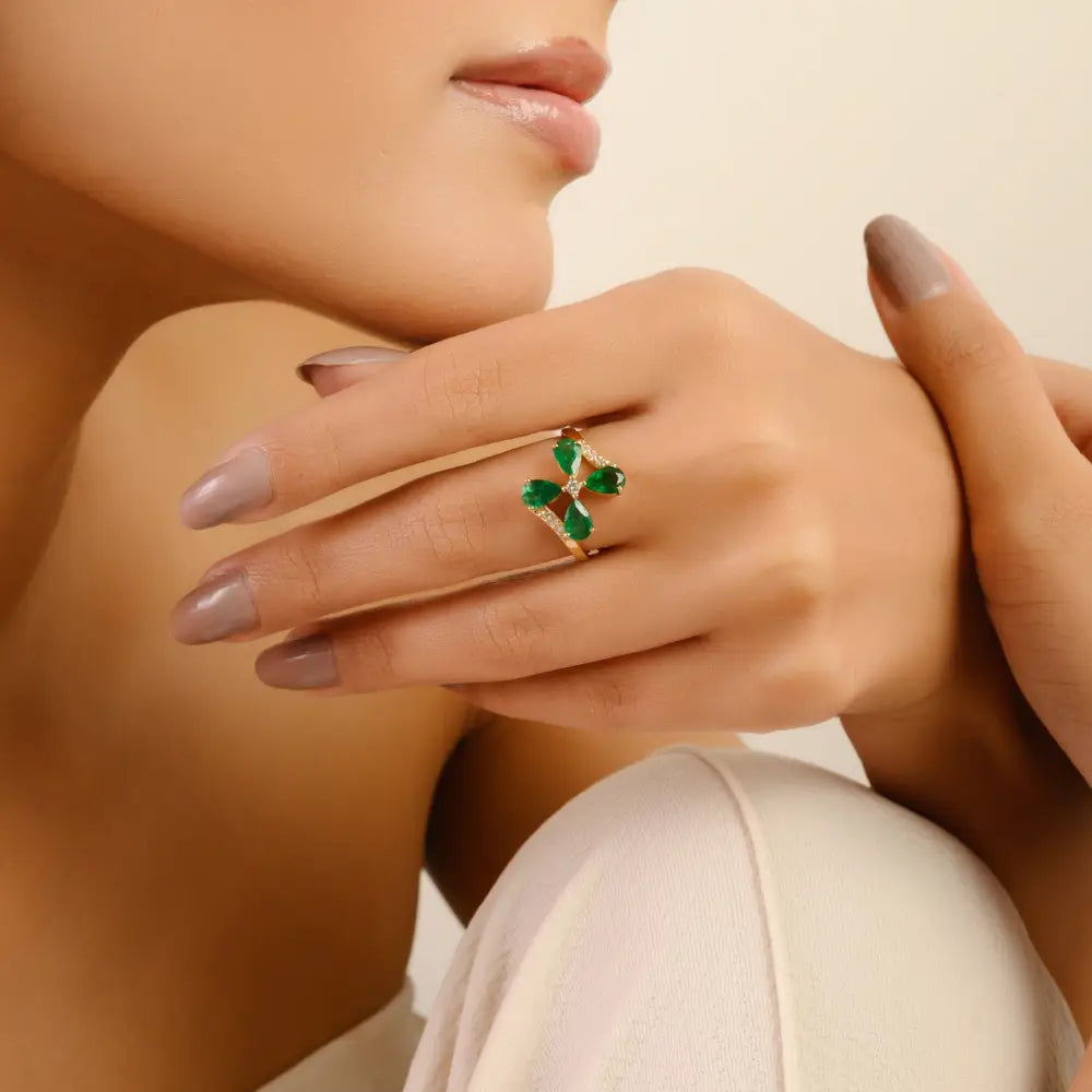 Unique Design Emerald & Diamond 14K Solid Yellow Gold Floral Statement Ring For Wedding