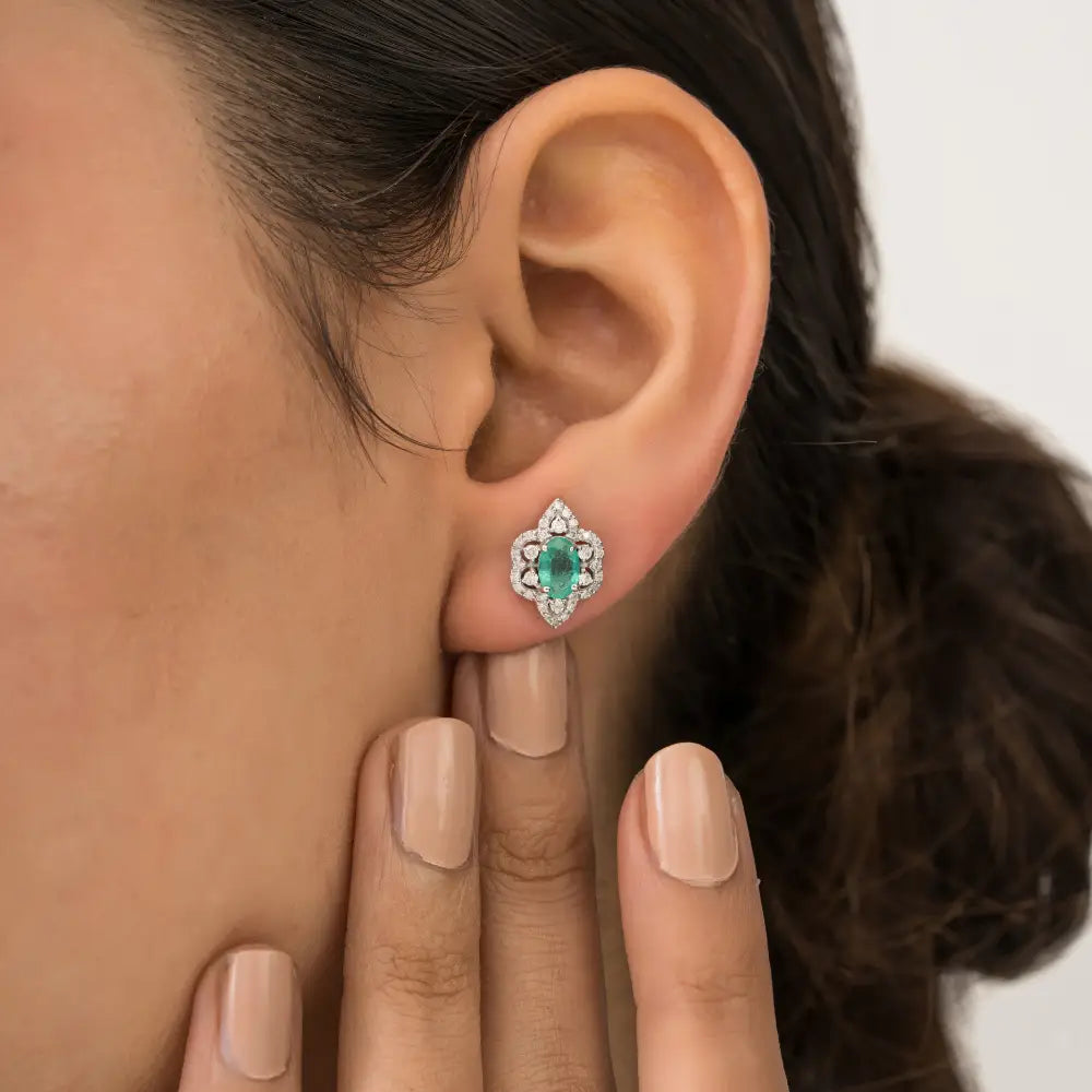 Vintage Style Gemstone Stud Earrings Featuring Emerald & Diamond K14 Real White Gold Jewelry