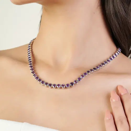 Trendy 925 Sterling Silver Round Shape Natural Amethyst Gemstone Tennis Necklace For Women
