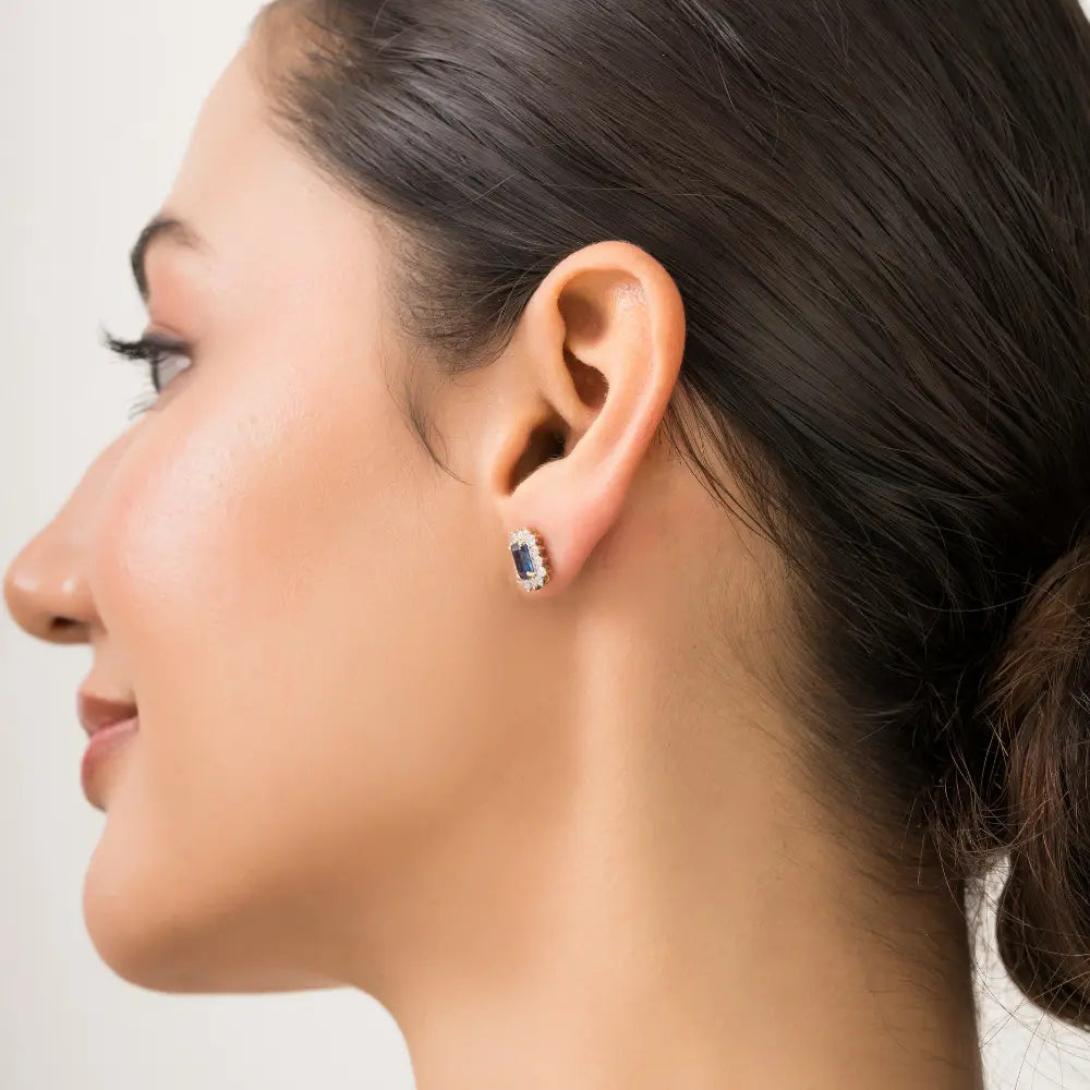 14K Real Yellow Gold Blue Sapphire & Diamond K14 Yellow Gold Cluster Stud Earrings For Women