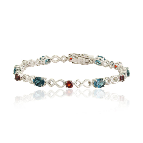 Genuine London Blue Topaz & Garnet Gemstone New Design 925 Silver Tennis Bracelet