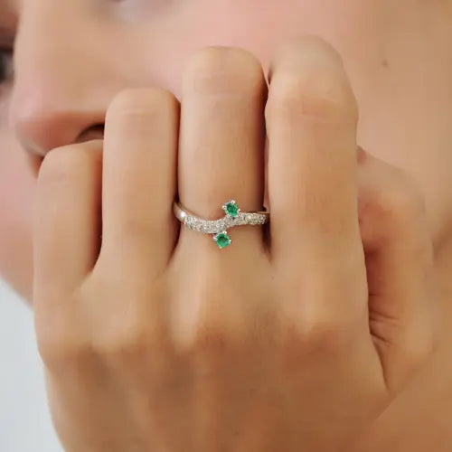 May Birthstone Round Emerald & Diamond 925 Sterling Silver Wave Band Ring For Women's Everyday Wear