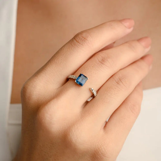 Minimal Jewelry Natural Blue Sapphire 18K Solid White Gold Adjustable Ring