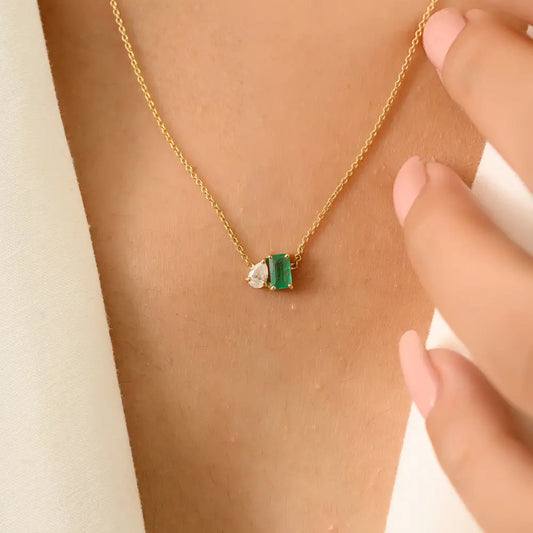 Minimalist Simple Emerald & Diamond Toi et Moi Pendant Necklace Real K14 Gold Jewelry