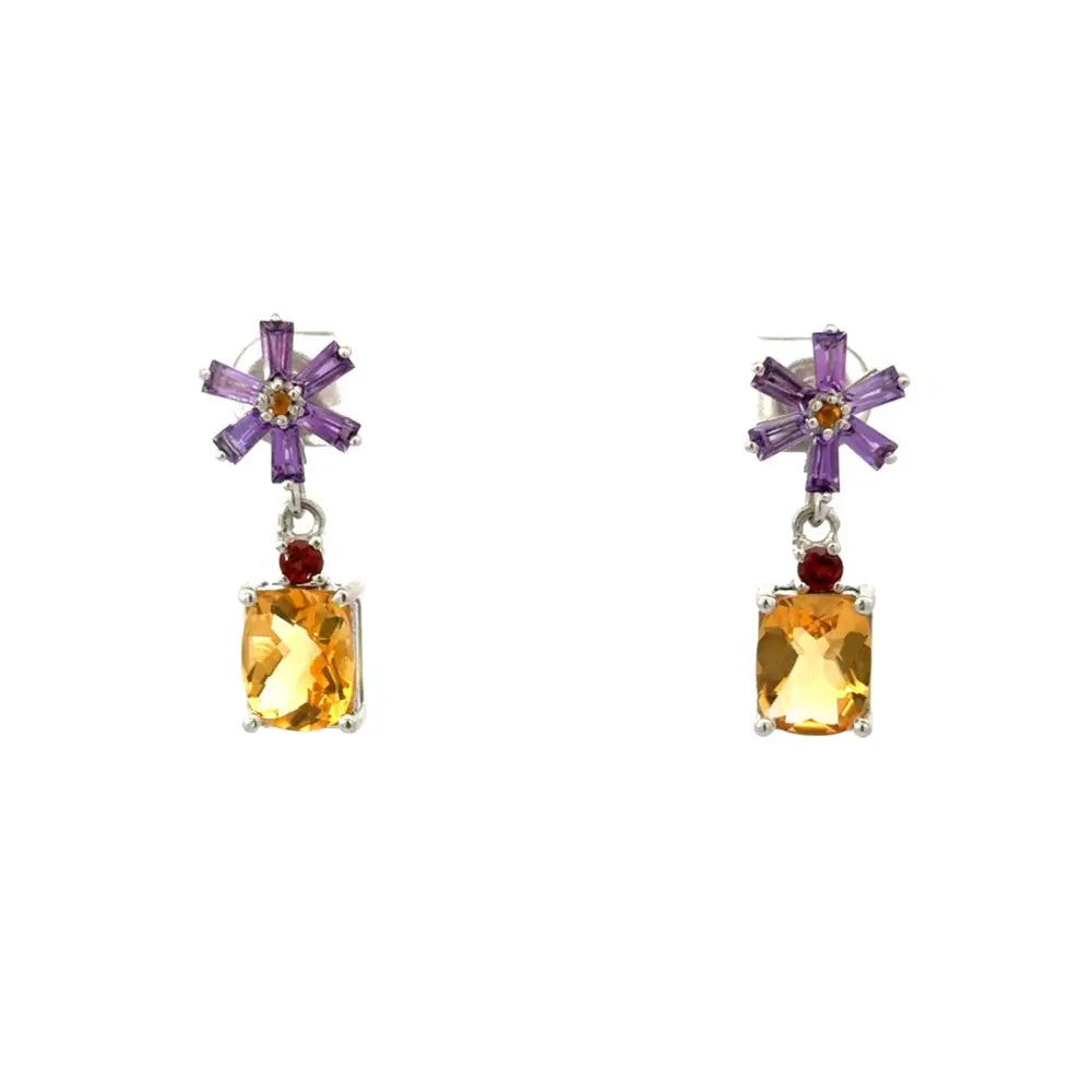 Genuine Multi Gemstone Flower Dangle Drop Earrings In 925 Sterling Silver Rhodium Plated Jewelry