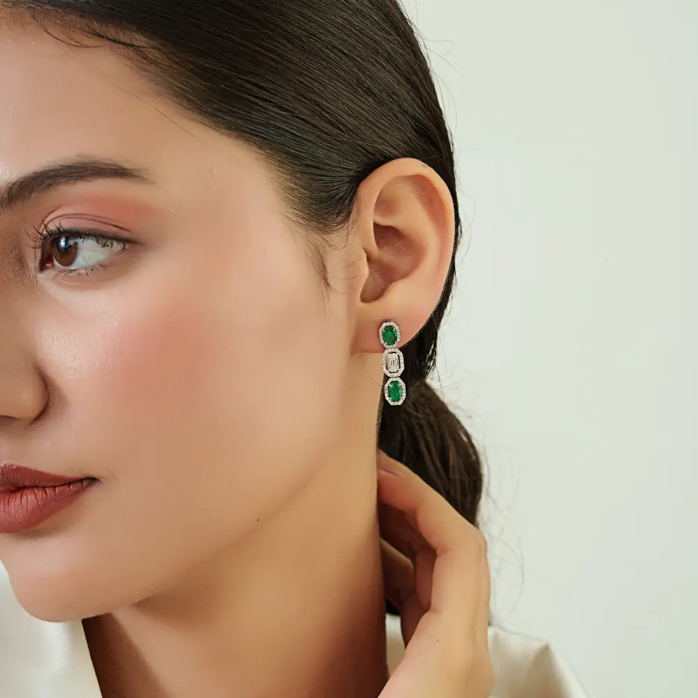 May Birthstone Genuine Emerald & Diamond Drop Earrings Luxury 14K White Gold Jewelry