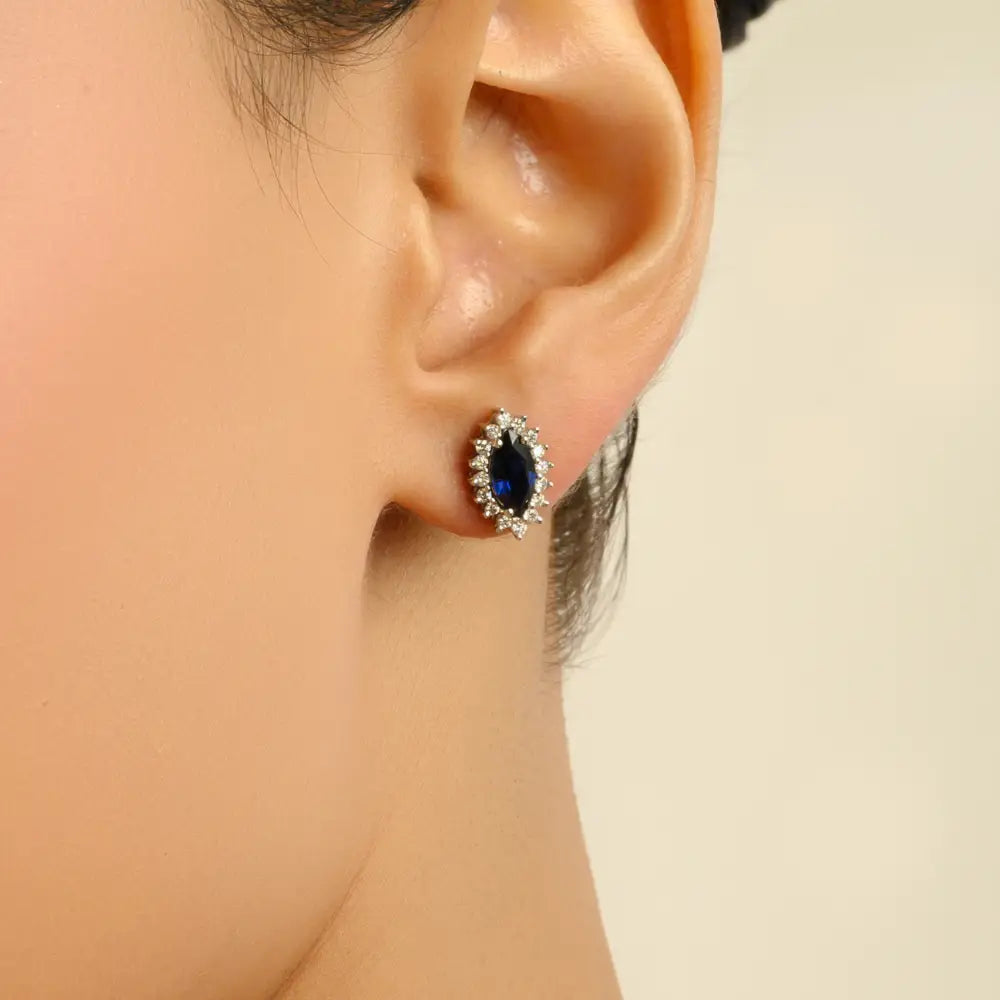 Marquise Shape Blue Sapphire & Diamond 14K Real White Gold Cluster Stud Earrings