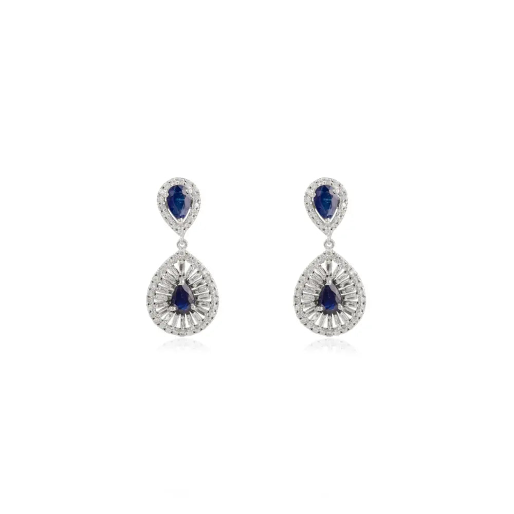 Stunning Blue Sapphire & Diamond Women's Drop Earrings 14K Solid White Gold Fine Jewelry