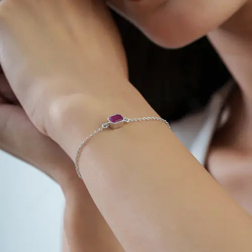 Octagon Shape Natural Ruby Dainty Station Bracelet Real 925 Silver Minimal Jewelry