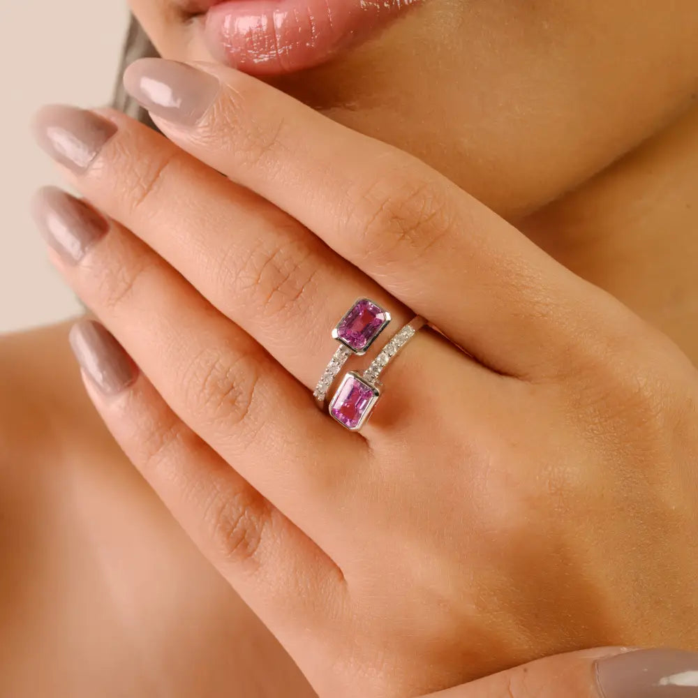 Bezel Setting Pink Sapphire & Diamond Bypass Ring Trending 14K Real White Gold Jewelry