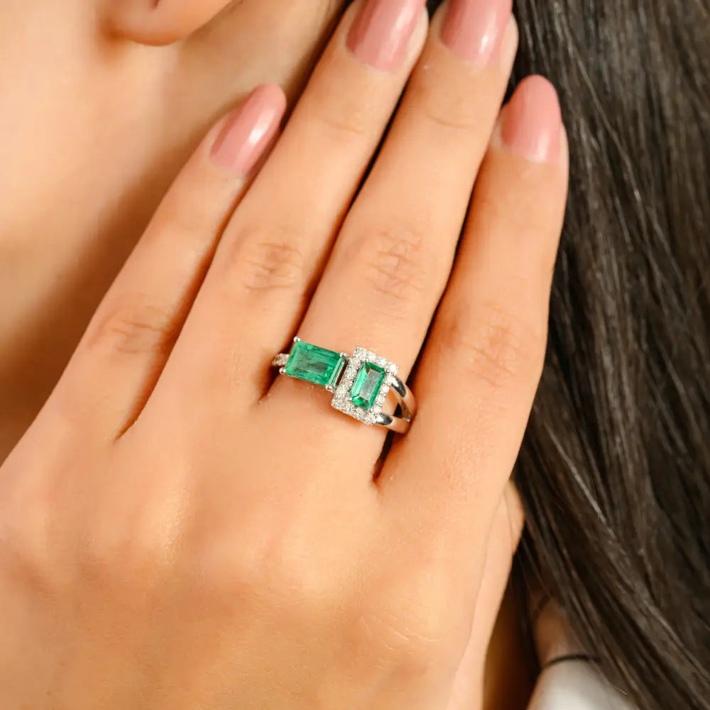 Natural Gemstone Emerald & Diamond Real K14 White Gold Wedding Ring May Birthstone