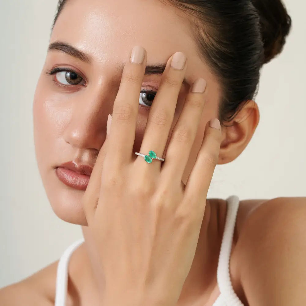 Custom Logo Emerald & Diamond 14K White Gold Fine Bypass Ring Natural Gemstone Jewelry