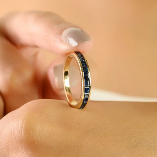 1.8x1.8 mm Square Cut Blue Sapphire Stacking Half Eternity Band Ring 14K Real Yellow Gold