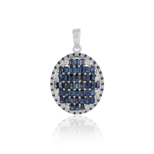 Designer 925 Sterling Silver Blue Sapphire & Diamond Oval Shape Pendant Fine Jewelry