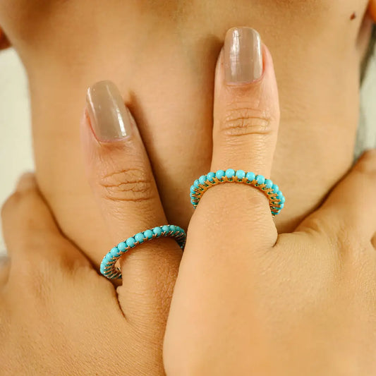 2mm Round Cut Turquoise Full Eternity Band Ring Stacking Everyday Jewelry 14K Yellow Gold