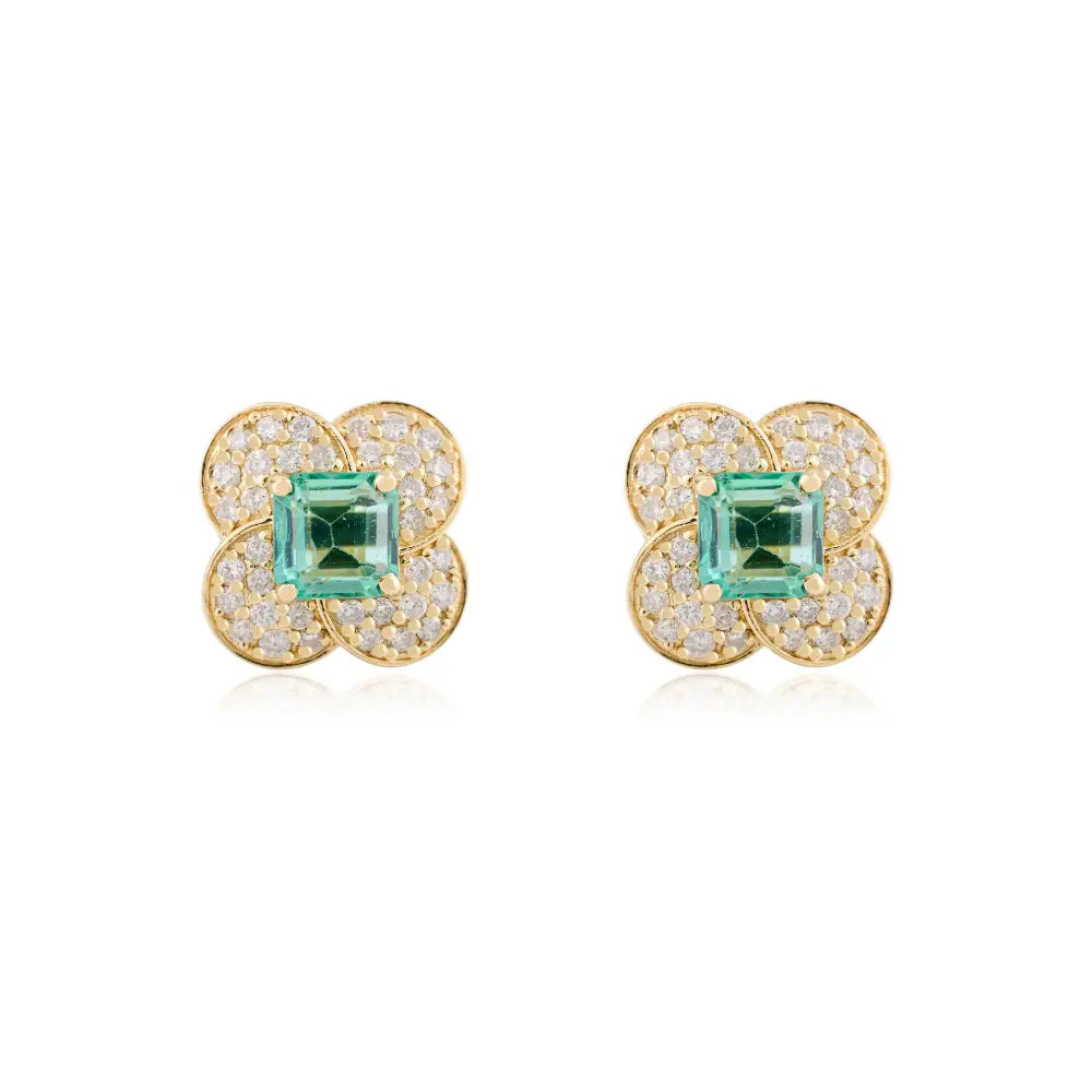 Elegant Floral Design 18K Fine Yellow Gold Emerald Diamond Clover Stud Earrings