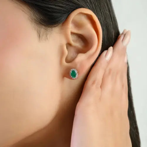 Oval Cut Emerald & Round Diamond Cluster 925 Sterling Silver Stud Earrings For Women's