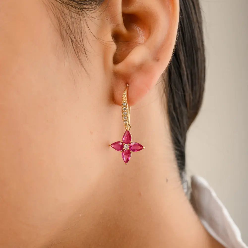 Best Selling Product Natural Ruby & Diamond 14K Solid Yellow Gold Flower Design Drop Earring