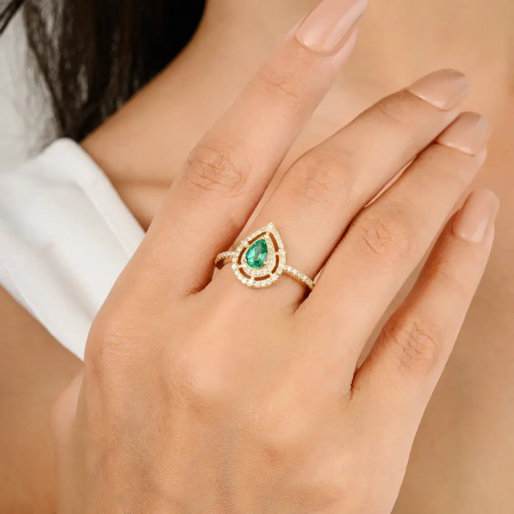 May Birthstone Natural Emerald & Diamond Engagement Ring Factory Custom Made Jewelry Manufacturer
