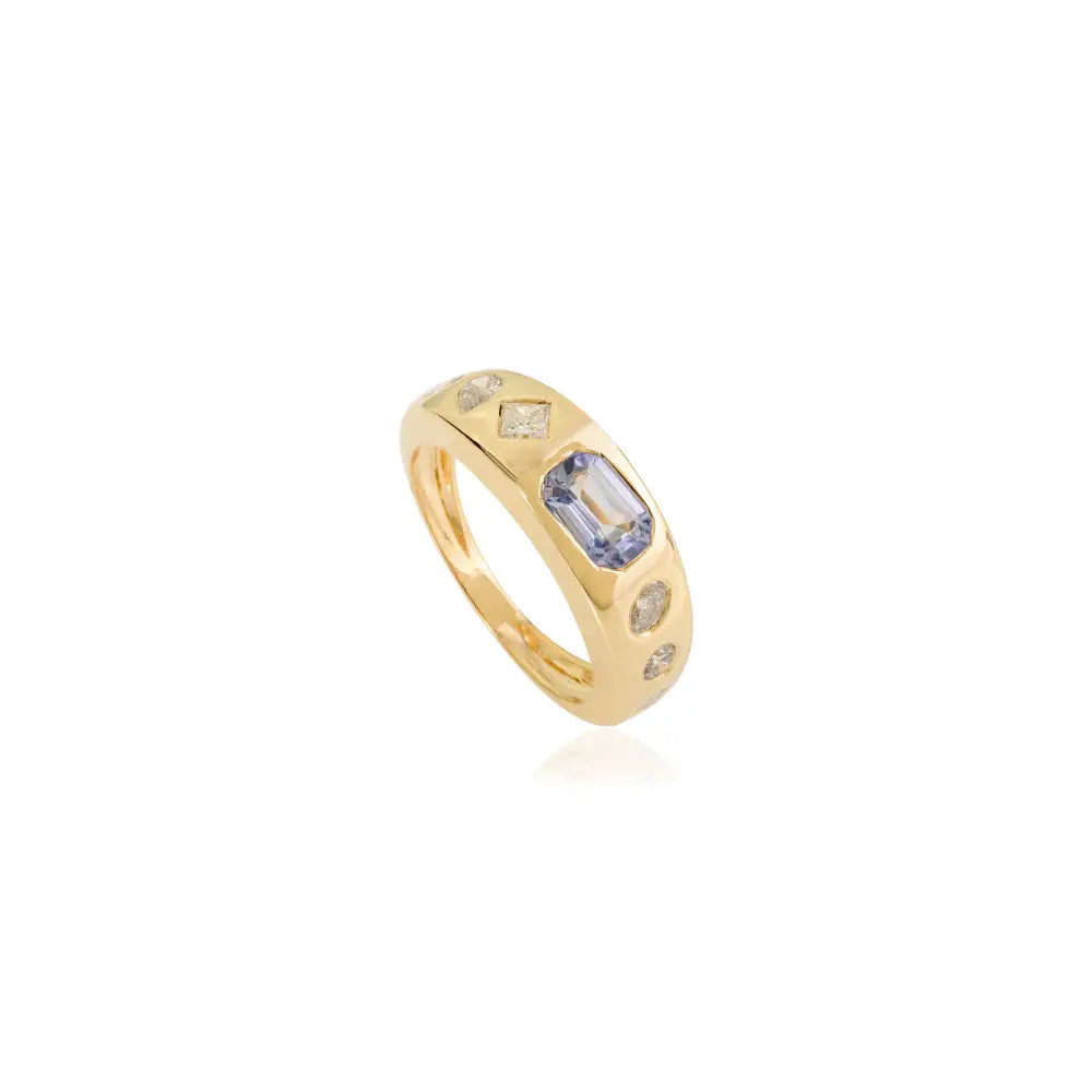 Genuine Blue Sapphire & Diamond New Trendy Chunky Gypsy Ring 18K Gold Unisex Jewelry