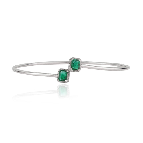925 Silver Two Stone Natural Emerald & Diamond Halo Open Cuff Bangle For Women