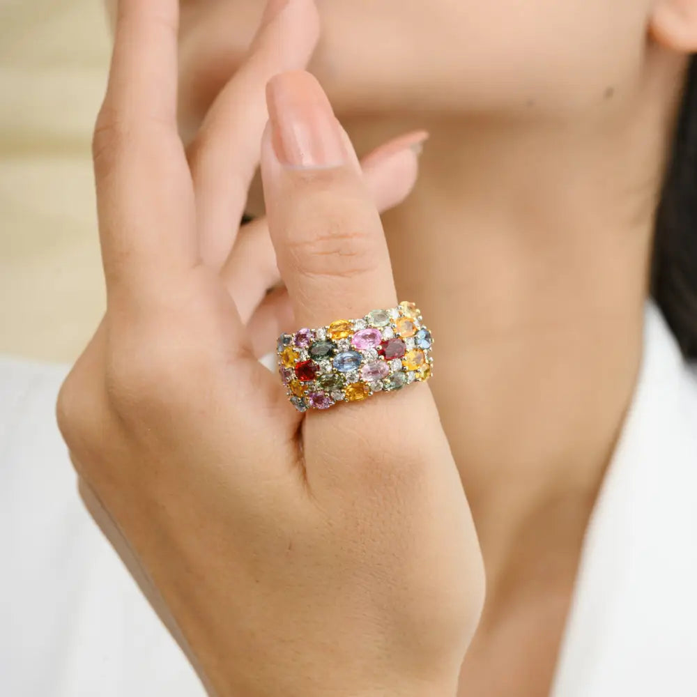 Trending Jewelry Multi Gemstone & Diamond 18K Yellow Gold Designer Ring