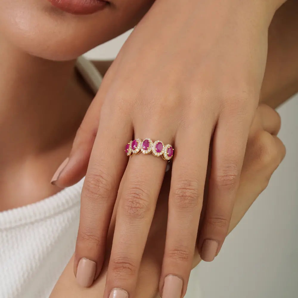 Hot Sale Ruby & Diamond Halo Five Stone Ring Handmade Trading 14K Solid Yellow Gold Jewelry