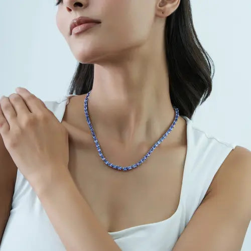 Handcrafted 925 Sterling Silver Oval Tanzanite Gemstone Tennis Necklace For Women's Fine Jewelry